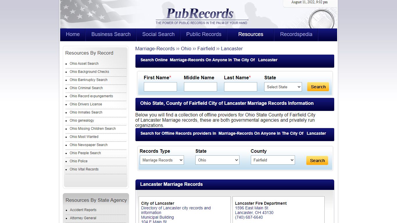 Lancaster, Fairfield County, Ohio Marriage Records