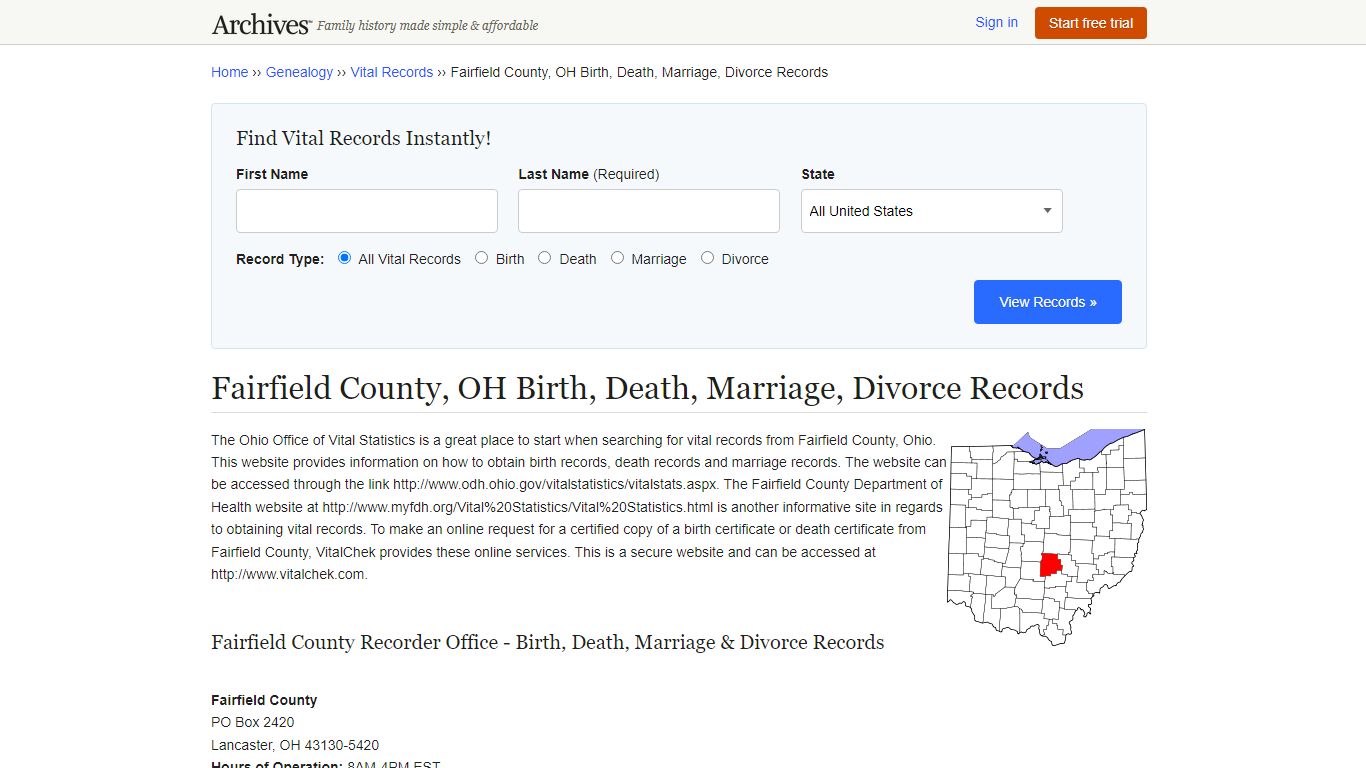 Fairfield County, OH Birth, Death, Marriage, Divorce Records